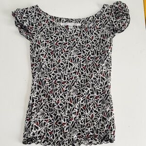 Diane Von Furstenberg Black and White Leaf Print Blouse with hearts size L